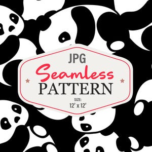 May include: Seamless pattern featuring a repeating design of black and white panda faces. The image includes the text "JPG Seamless PATTERN" and the size "12' x 12'". The pandas are stylized with black markings and round eyes.