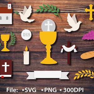 May include: A collection of religious icons, including a church, doves, a chalice, a cross, a bible, a candle, bread, and grapes. The icons are in various colors, including gold, white, and brown, set against a dark wood background.