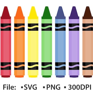 Può includere: Una collezione di sette pastelli colorati in fila, ognuno di un colore diverso: rosso, arancione, giallo, verde, blu, viola e marrone. Ogni pastello ha una fascia nera con un disegno ondulato. L'immagine include anche il testo "File: -SVG -PNG -300DPI".