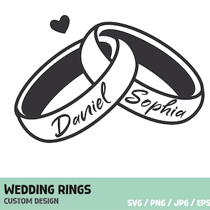 Könnte beinhalten: Schwarz-weiße Illustration von zwei ineinander verschlungenen Eheringen mit den Namen "Daniel" und "Sophia". Ein kleines schwarzes Herz befindet sich über den Ringen. Die Worte "WEDDING RINGS" und "CUSTOM DESIGN" stehen unten.