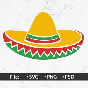 May include: A yellow sombrero with a red and green brim. The hat has a wide brim with a zig-zag pattern in green and red. The text "File: - SVG - PNG - PSD" is at the bottom.