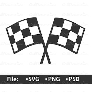 May include: Black and white checkered racing flags crossed against a white background. The flags are a classic symbol of speed and competition. The image also includes the text "File: -SVG -PNG -PSD".