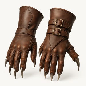 May include: A pair of brown leather gloves with long, metallic claws. The gloves feature straps and buckles. The gloves are designed to resemble the claws of a creature.