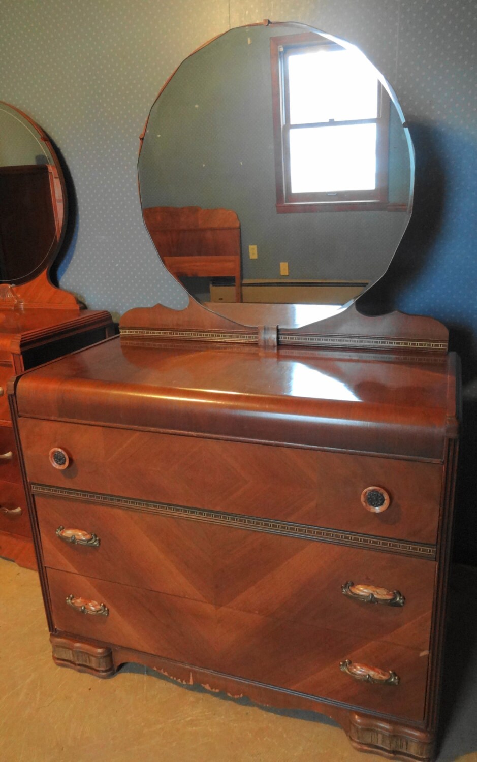 Antique Art Deco Waterfall Dresser With Mirror And Bakelite Etsy