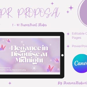 Pode incluir: Um modelo de apresentação digital intitulado "PR PROPOSAL" com o texto "Elegance in Disguise at Midnight" na tela de um tablet. O design inclui borboletas, estrelas e o logotipo Canva. A apresentação tem 1-41 slides do PowerPoint.