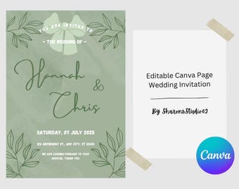Elegante grüne Hochzeitseinladung, minimalistische Canva Vorlage