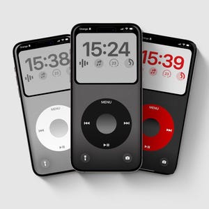 May include: Three smartphones with a retro music player interface are displayed. The screens show the time, music controls, and a menu button. The central phone has a black interface, while the others have gray and red accents.