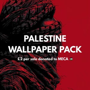 Könnte beinhalten: Ein digitales Kunstwerk mit rotem Hintergrund und einer Schwarz-Weiß-Illustration einer Kopfbedeckung. Der weiße Text lautet "PALESTINE WALLPAPER PACK". Das Bild wirbt für ein Wallpaper-Paket.