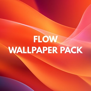 Op de afbeelding: Abstracte digitale kunst met een vloeiend ontwerp in tinten rood, oranje en paars. De tekst "FLOW WALLPAPER PACK" wordt in het wit over de afbeelding weergegeven. De afbeelding heeft een glad, gradiënt uiterlijk.