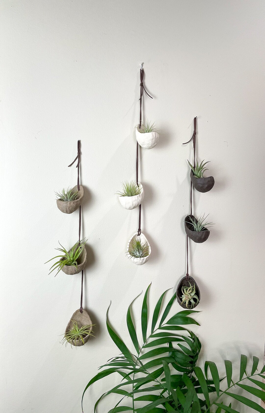 View of Hanging Air Plant Holder: Stoneware Planters With Vegan Leather Cable ...