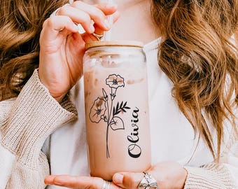 Personalized Iced Coffee Cup, Custom Birth Flower Tumbler with Lid and Straw, Bridesmaid Gift, Bridesmaid Proposal, Birthday Gifts