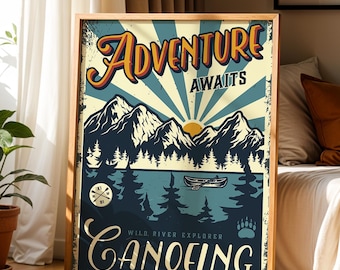 Adventure Awaits Canoeing Poster, Vintage Travel Wall Art, Retro Wilderness Print, Mountain Lake Explorer Decor, Retro Camping Prints