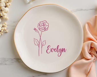 Benutzerdefinierte Geburt Blume Schmuckstück Schale, personalisierte Blume Ring Schale, Weihnachtsgeschenke, Hochzeit Brautjungfer Geschenk, Geburtstag Schmuckschale