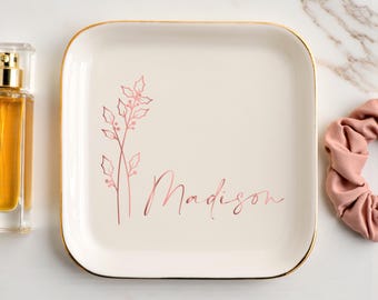 Personalised Birth Flower Trinket Dish, Custom Flower Ring Dish, Christmas Gifts, Wedding Bridesmaid Gift, Birthday Jewelry Dish