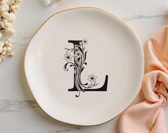Plato de cerámica con inicial floral personalizado, plato para joyas personalizado, regalo para ella, regalos de Navidad, regalo para mamá, regalos de cumpleaños