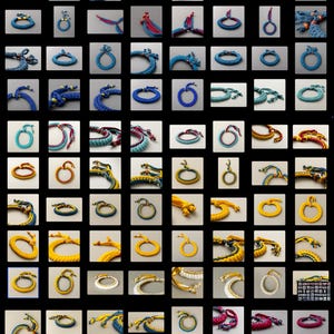 May include: A selection of handcrafted bracelets in diverse colours, such as blue, red, yellow, and white. The bracelets display intricate knotting and braiding designs, showcasing a variety of styles and patterns. Each bracelet is presented on a neutral background.