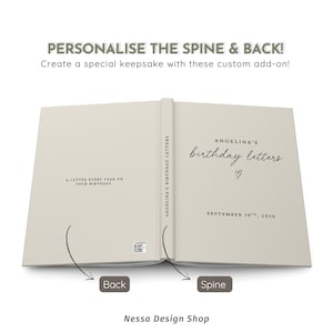 May include: A light beige book cover featuring the text Angelina's birthday letters with a heart icon and the date September 19th, 2026. The spine reads Angelina's Birthday Letters, and the back cover includes a small QR code and text.