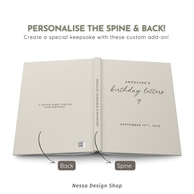 May include: A light beige book cover featuring the text Angelina's birthday letters with a heart icon and the date September 19th, 2026. The spine reads Angelina's Birthday Letters, and the back cover includes a small QR code and text.