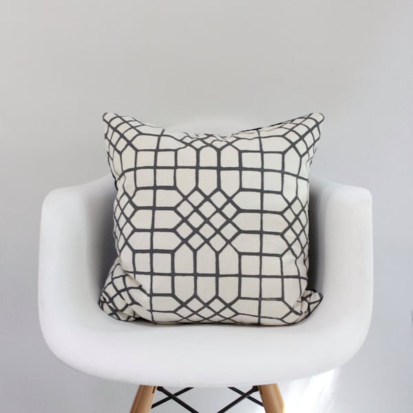 Penn Grid hand printed in charcoal on white organic cotton-hemp pillow cover