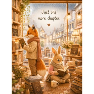Könnte beinhalten: Eine Illustration einer gemütlichen Buchhandlungsszene mit einem Fuchs und einem Kaninchen, die Bücher lesen. Der Fuchs steht, das Kaninchen sitzt. Der Text "Just one more chapter" ist zu sehen. Bücherregale und eine Stadtansicht sind im Hintergrund zu sehen.