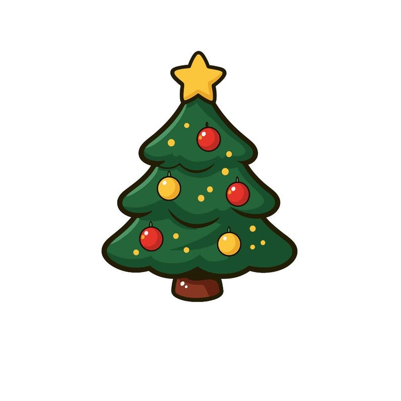 Puede incluir: Un árbol de Navidad de dibujos animados con una estrella amarilla en la parte superior. El árbol verde está decorado con adornos rojos y amarillos y pequeños puntos amarillos. El tronco es marrón y el contorno negro.