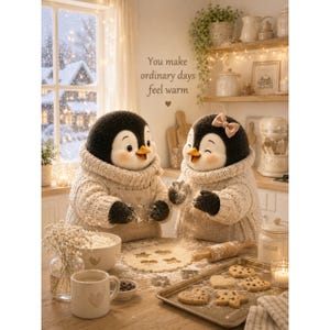 Könnte beinhalten: Zwei Pinguinfiguren backen Kekse in einer gemütlichen Küche. Sie tragen cremefarbene Pullover und Schürzen. Der Text "You make ordinary days feel warm" ist zu sehen. Nudelholz, Ausstecher und ein Backblech sind ebenfalls vorhanden.