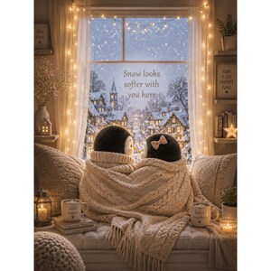 Könnte beinhalten: Eine gemütliche Winterszene mit zwei Pinguin-Plüschtieren, die sich unter einer cremefarbenen Zopfstrickdecke einkuscheln. Der Text "Snow looks softer with you here" ist zu sehen. Die Szene umfasst ein verschneites Dorf, Lichterketten und Tassen mit den Worten "warm hearts" und "better together".