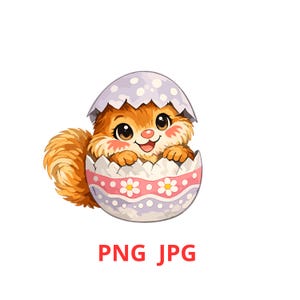 Könnte beinhalten: Cartoon-Illustration eines flauschigen, orangefarbenen Eichhörnchens, das aus einem zerbrochenen Osterei kommt. Das Ei ist mit rosa und weißen Blumenmustern und einem hellvioletten Oberteil mit weißen Punkten verziert. Das Eichhörnchen hat große braune Augen und einen fröhlichen Ausdruck.