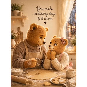 Könnte beinhalten: Zwei braune Teddybären in einer Küche, einer trägt eine beigefarbene Schürze über einem Pullover und der andere eine rosa Schleife, mit einem herzförmigen Ausstecher, Teig und dem Text "You make ordinary days feel warm." in dunkelbrauner Schrift.