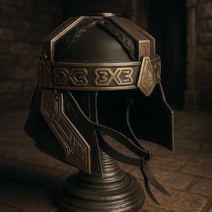 Peut inclure: Casque noir et doré avec des détails complexes, présenté sur un socle. Le casque présente un dessus tressé et des bandes décoratives avec des motifs géométriques répétés. Des lanières de cuir pendent. Le design évoque un thème historique ou fantastique.