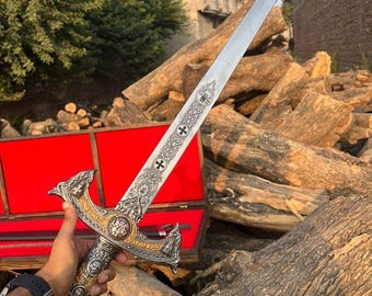 Handmade Damascus Steel Templar Knight Sword with Leather Sheath