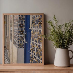 Lisbon Blue and Yellow Azulejo Facade, Portugal Tile Pattern Photography Print, Doorway Wall Art, Digital Download