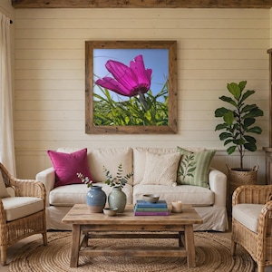 Può includere: Un'opera d'arte da parete quadrata incorniciata che raffigura un fiore magenta vibrante su un cielo azzurro e erba verde. L'opera è esposta in una cornice di legno sopra un divano beige con vari cuscini e un tavolino da caffè in legno.