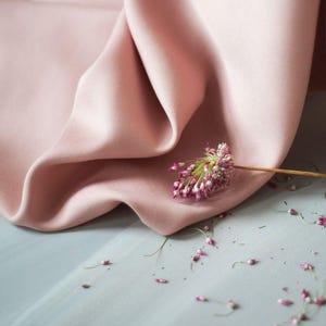 Könnte beinhalten: Nahaufnahme eines weichen, rosa Stoffes, der auf einer hellblauen Oberfläche drapiert ist. Eine getrocknete Blume mit kleinen lila Knospen liegt auf dem Stoff, mit verstreuten Knospen in der Nähe. Der Stoff hat eine subtile Rippenstruktur.