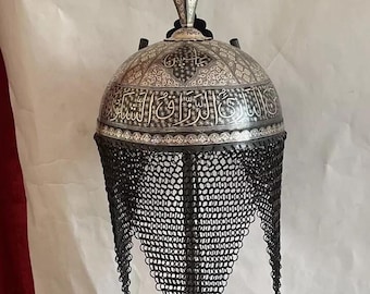 Ottoman Islamic Kufic Helmet Khula Khud with engraved carvings Mughal style