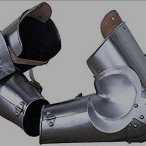 May include: A pair of polished steel arm armour pieces, known as vambraces and couters, featuring articulated metal plates, rounded elbow protection, and brown leather straps with metal buckles for secure attachment to the arm.