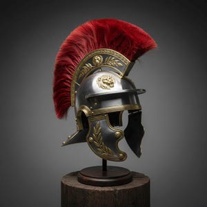 Elmo da centurione romano: acciaio calibro 18, fodera in pelle e supporto in legno