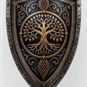 May include: A heater shield featuring a central gold-coloured tree of life emblem on a black background. The shield has a hammered dark metal border accented with small bronze-coloured rivets and intricate silver and gold filigree scrollwork.