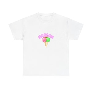 May include: White t-shirt featuring a pink and green ice cream cone graphic with the word "iScream" in pink above it. The ice cream has a pink scoop and a green scoop in a waffle cone.