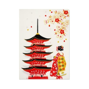 May include: A decorative print featuring a red pagoda with black accents, a woman in a traditional kimono, and cherry blossoms. The pagoda has five tiers and is set against a white background. The woman is wearing a red and yellow kimono.