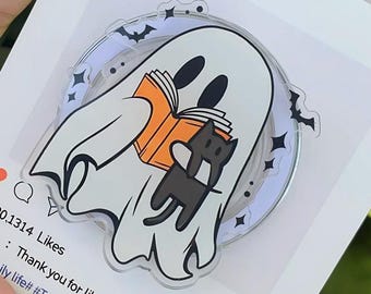 Ghost Holding Book and Cat MagSafe Phone Grip: Halloween Cute Bookish Ghost with Cat Griptok, Spooky Magnetic Phone Holder