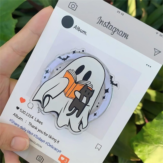 Ghost Holding Book and Cat MagSafe Phone Grip: Halloween Cute Bookish Ghost with Cat Griptok, Spooky Magnetic Phone Holder