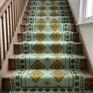 Tapete Oushak para Escadas, Verde Menta, Lã Tecida à Mão, Estilo Tribal Turco, para Corredor.