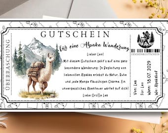 Plantilla de cupón para una excursión con alpacas | Cupón de experiencia digital para imprimir | Idea de regalo para una excursión digital con alpacas