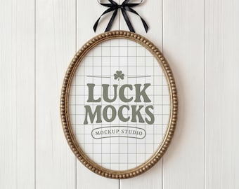 Oval Vertical Vintage Gold Wood Frame Mockup | Ribbon Hanging Classic Frame
