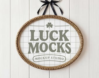 Oval Horizontal Vintage Gold Wood Frame Mockup | Ribbon Hanging Classic Frame