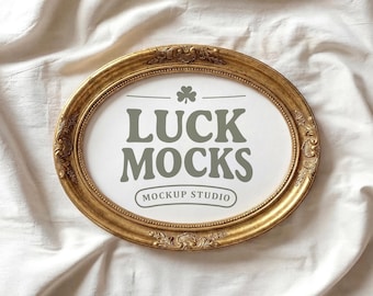 Vintage Gold Oval Frame Mockup | Horizontal Antique Art Display | Ornate Classic Wall Decor Digital