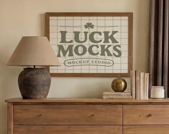 Mockup boerderijmuurkunst | Rustieke houten lijst, dressoirscène (digitale download)