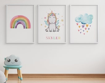 Set of 3 - Personalised Kids Watercolour Unicorn Wall Art/Playroom