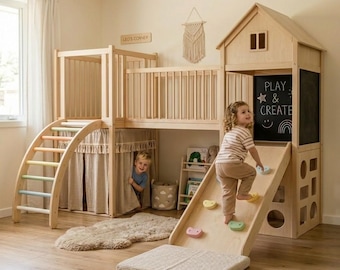 Gimnasio de juegos Montessori para interiores, estructura de escalada para niños pequeños, casita de madera, tobogán, muro de escalada, puente, tienda de juegos bohemia, decoración de guardería personalizada